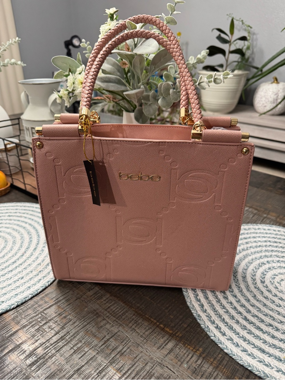 bebe Blush Pink Embossed Satchel with Braided Handles